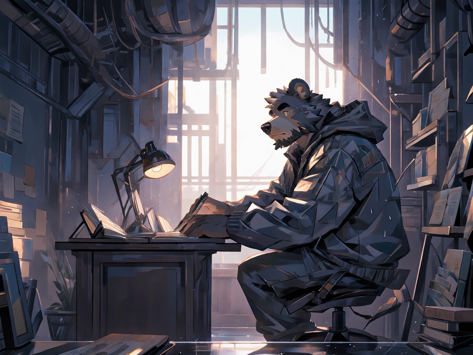 (masterpiece:1.2), best quality,pixiv,official art,perfect anatomy, (Ray tracing, light),solo, (1_male:1.3) , (muscle), (grey fur:1.4), (muscle bear), (beard:1.2), (gleaming golden eyes), bear tail, full body, Thick black eyebrows, (open short hoodie), (naked inside),cargo shorts, black short boots, focused expression, indoor setting, warm lighting, window view, rainy day, study room, desk, books, warm colors, soft lighting,studying at a desk, rain in the window, Full length shot, cozy ambiance