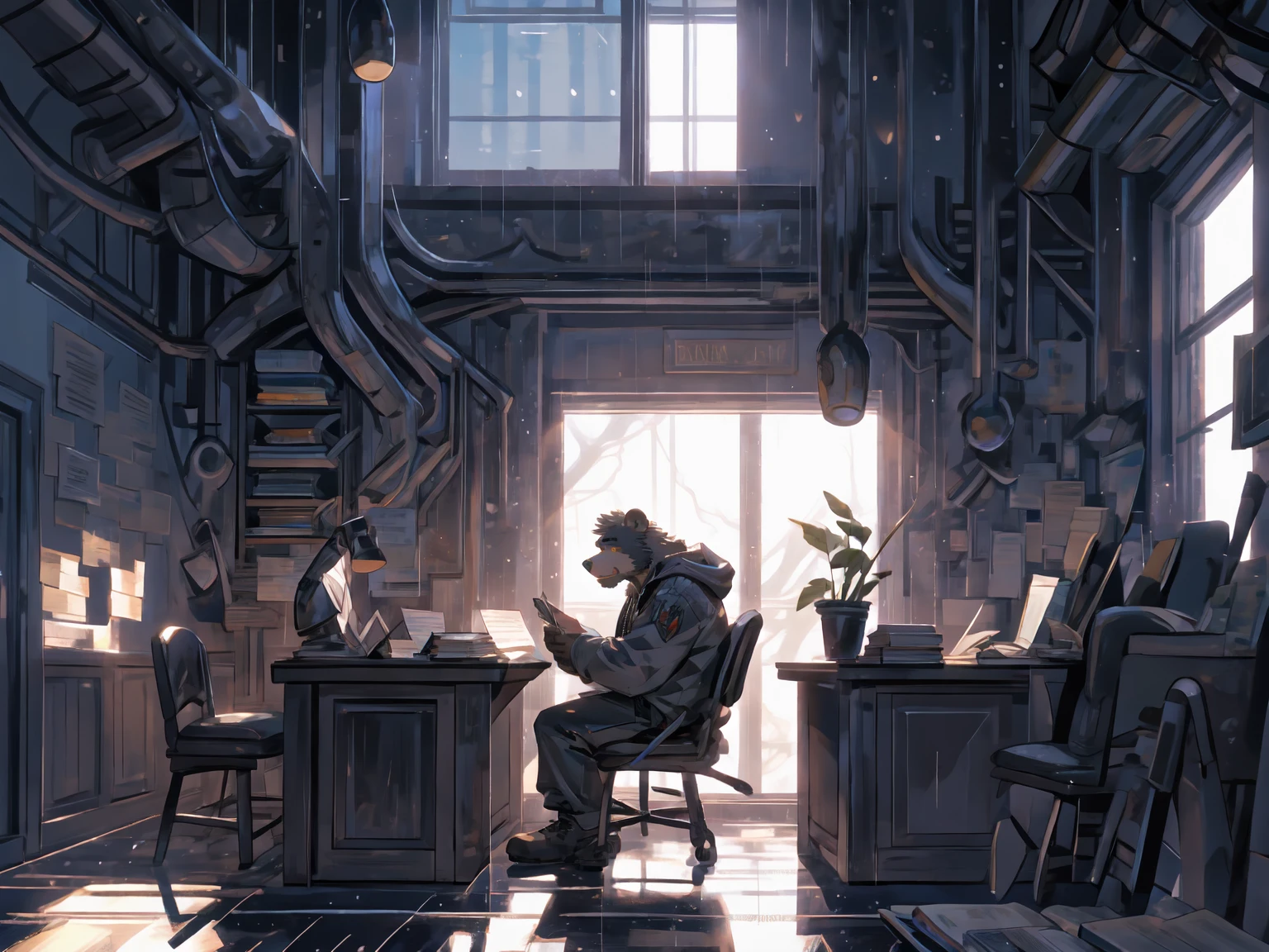 (masterpiece:1.2), best quality,pixiv,official art,perfect anatomy, (Ray tracing, light),solo, (1_male:1.3) , (muscle), (grey fur:1.4), (muscle bear), (beard:1.2), (gleaming golden eyes), bear tail, full body, Thick black eyebrows, (open short hoodie), (naked inside),cargo shorts, black short boots, focused expression, indoor setting, warm lighting, window view, rainy day, study room, desk, books, warm colors, soft lighting,studying at a desk, rain in the window, Full length shot, cozy ambiance