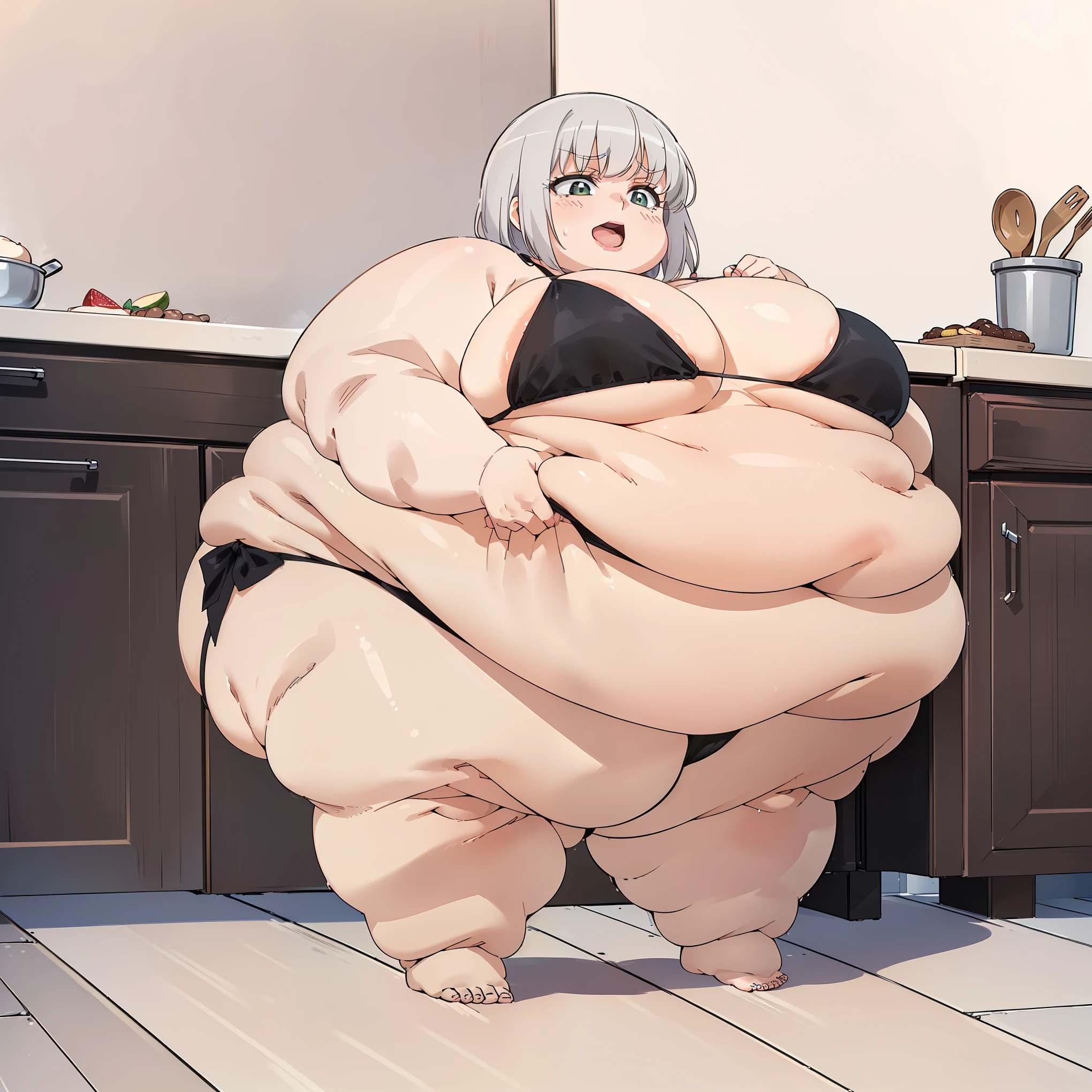 (((little baby))), (((little cutie))), (((short stature))), (((black bikini))), ((white hair with fringe)), ((obese chubby))), ((fat face)), (((big belly))), (((open mouth))), fat and wide thighs, Belly, (((tender))), (((holding her huge breasts))), (((stop in the kitchen, background in a room))), detailed background, ((full body image)),