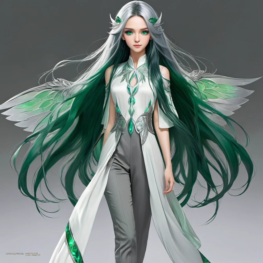 Chico, thin and fragile body, long dark green hair, emerald eyes, silver tunic, Gray pants, sane wings