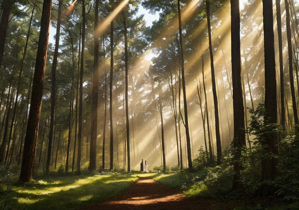 scene inside forest The sunlight filtering through the trees