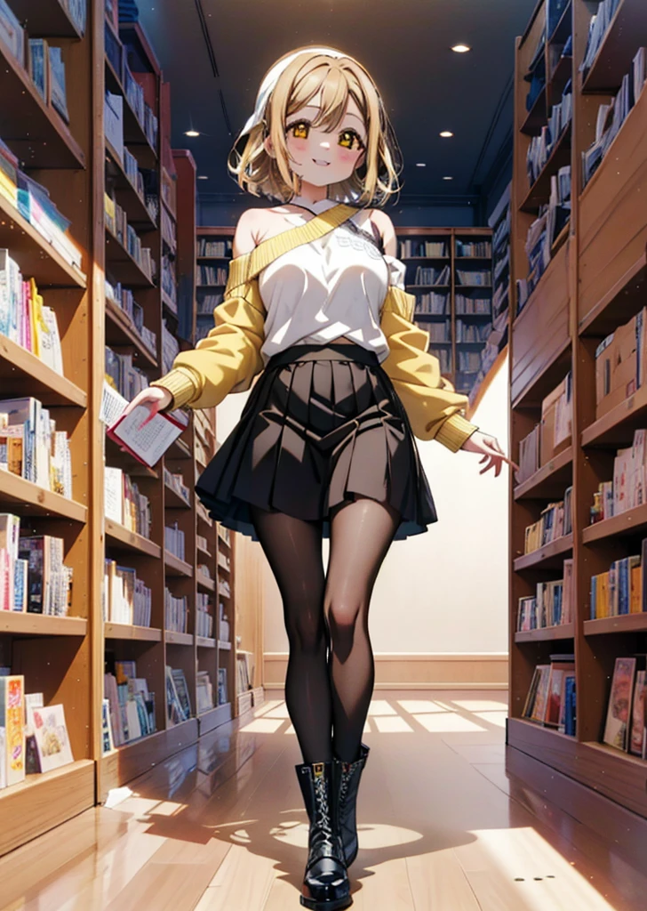 Hanamaru the kunikida, Brown Hair, happy smile,smile, Open your mouth,Yellow Eyes,hair band,Glasses,One-shoulder sweater,Long skirt,Black pantyhose,short boots,Walking,Bookshelf,There is a lot piled up on the table,whole bodyがイラストに入るように,
break indoors, figure書館,
break looking at viewer, whole body,
break (masterpiece:1.2), Highest quality, High resolution, unity 8k wallpaper, (figure:0.8), (Beautiful attention to detail:1.6), Highly detailed face, Perfect lighting, Highly detailed CG, (Perfect hands, Perfect Anatomy),