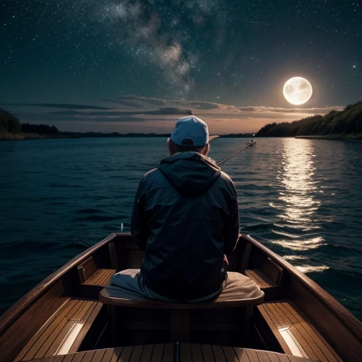 fisherman on a boat looking at the full moon in the sky full of stars
