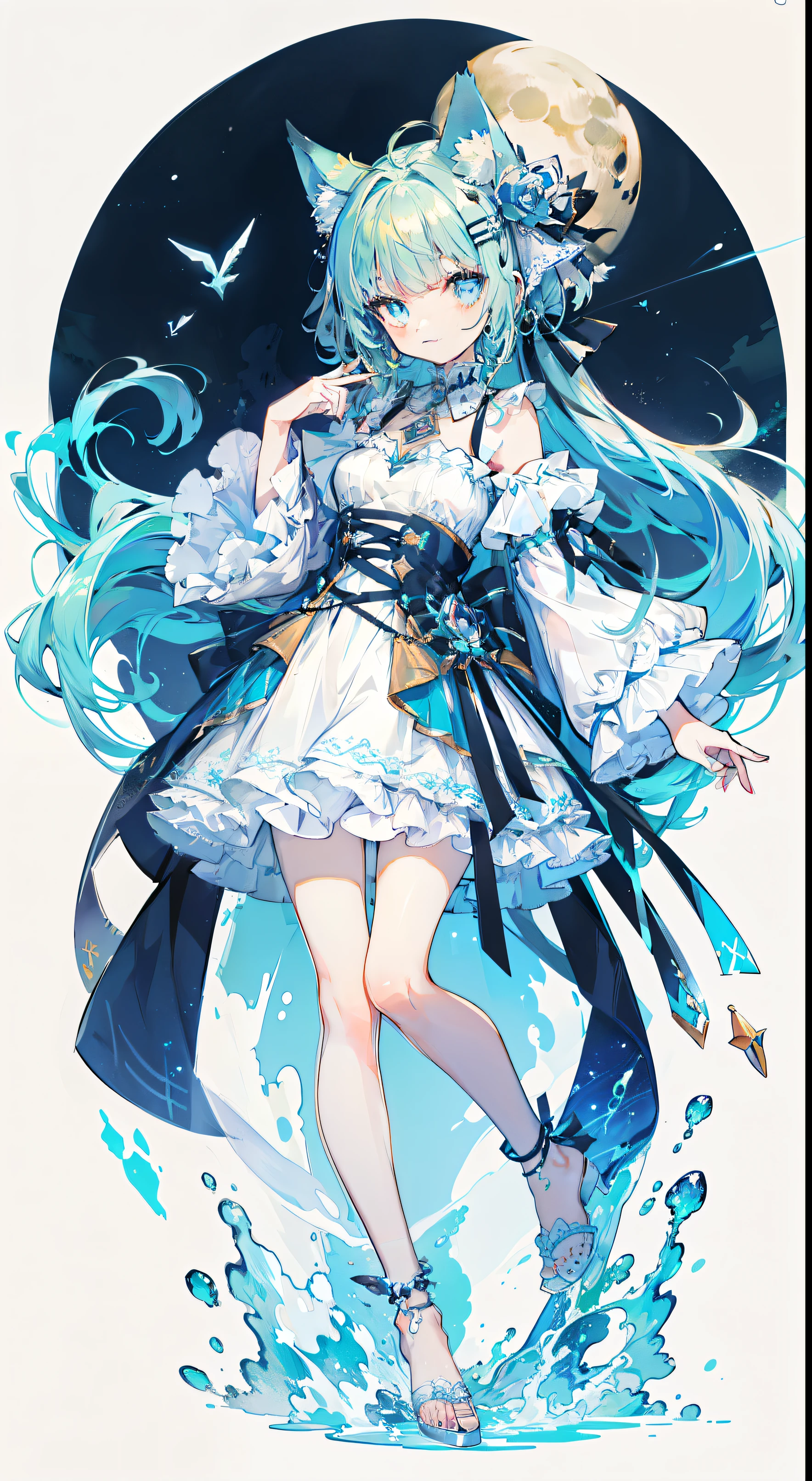 ((Tabletop, Highest quality:1.1))、8k、(Full body standing pose)、Beautiful girl with green hair，curly，Disheveled Hair，Cat ears, White Dress，A deep blue gemstone is set in the chest........，barefoot，Put a blue ring on your ankle，(Holds blue gemstone wand perfectly)，Behind him is a shooting star in the night sky々is spreading，The moon is in the sky、With a smile