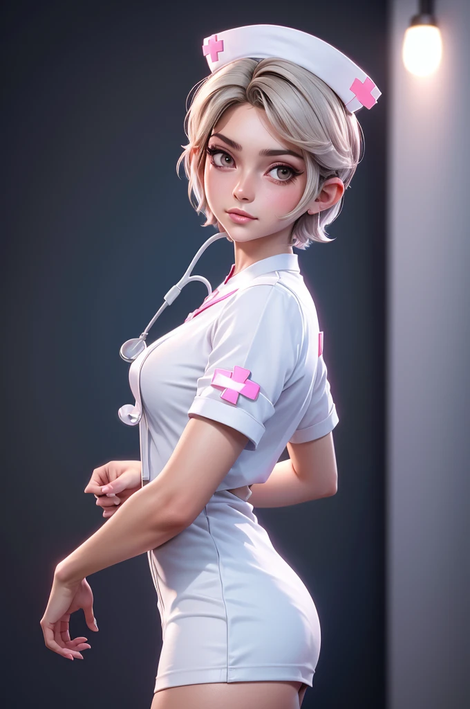 1 girl, Alone, Beautiful androgynous bimbo girl, short hair, Beautiful, short, tanned skin, medium breasts, Hispano, just pending, just clothes, parts, beautiful, 20 year old woman, Beautiful, blushes1 girl, {Alone}, Upper part of the body ,{{ {looking at the viewer}}}, arm at the side, Conceptual art, white bottom, simple bottom, Best Quality, masterpiece, Dynamic Angle, transparent_bottom, backlighting, absurdities, high resolution, ultra detailed, (Nurse:1.4)