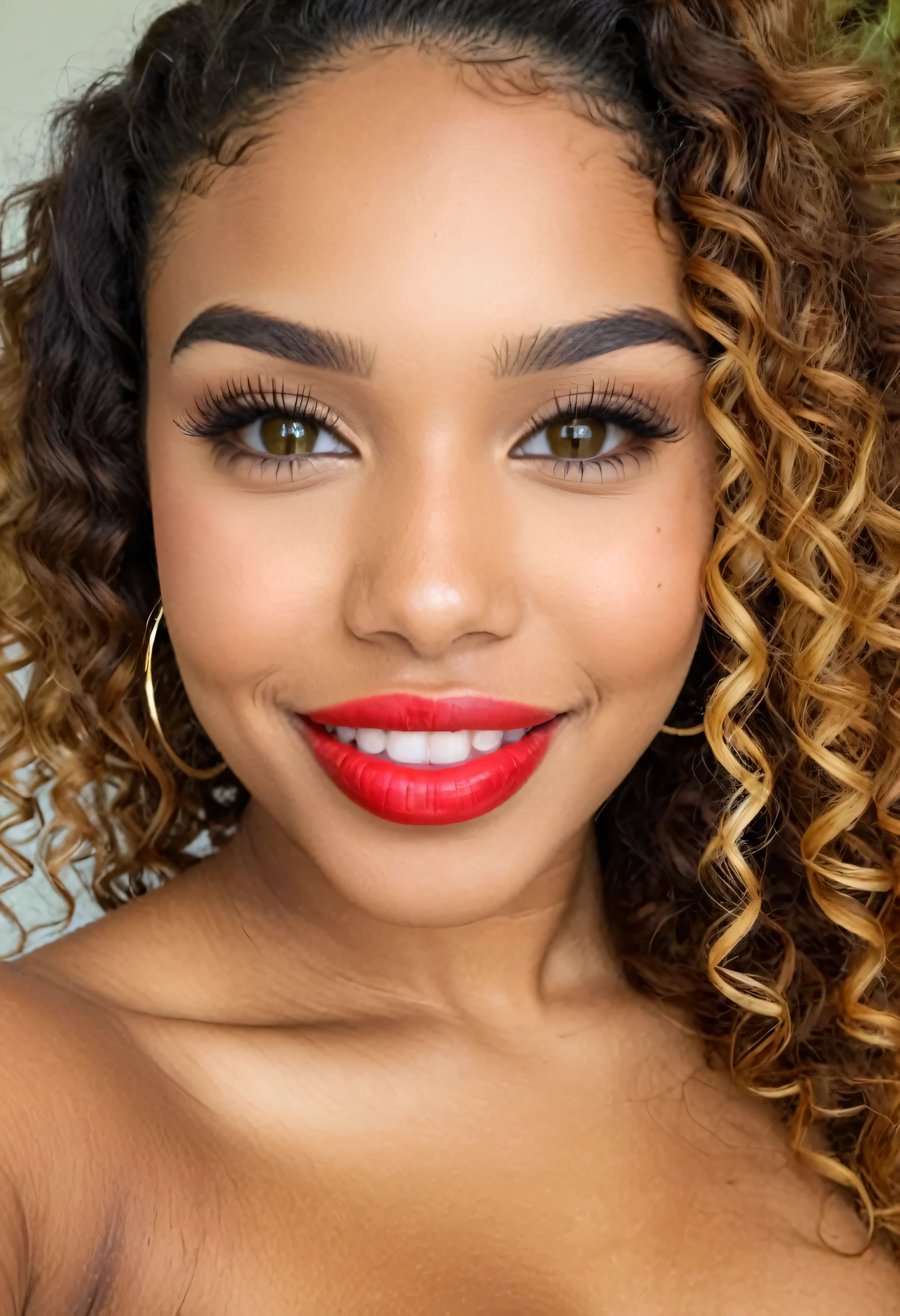 A very beautiful, very gorgeous, very voluptuous bodacious, 21 yrs old Afro-Latina Puerto Rican, Dominican, Cuban, Very Sexy and alluring very Seductive smile with very deep dimples, green hazel eyes, golden brown skin, long with curly brown hair with blond highlights, bright red lipstick, cat eye and very long thick eyelashes, golden brown skin, voluptuous woman with deep dimples hyper detailed photography, soft light, head and shoulders portrait, cover