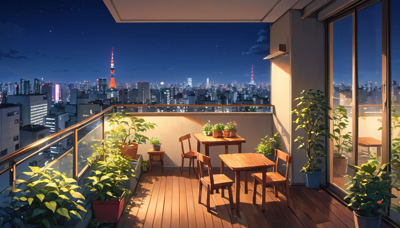 Tokyo at Night、View from the balcony of a top floor apartment、Skyscrapers can be seen、The sky is dark、The city is bright、The balcony is lined with potted plants.、There is a small wooden table、The artwork is anime-style with vivid, bright colors.、Delicate details and soft lines and shadows、Illustrations with a calm and relaxing atmosphere