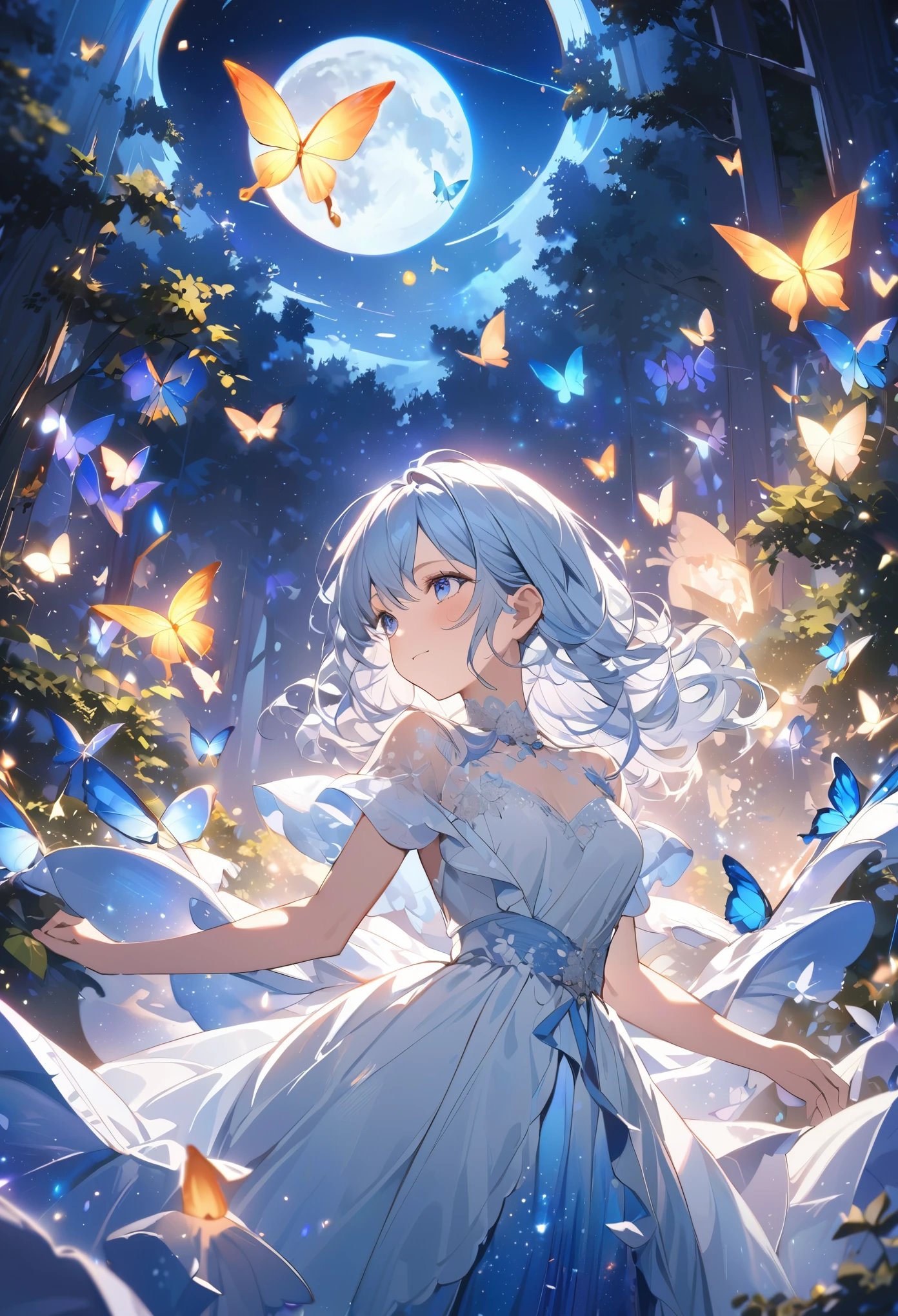 Attention to detail, Super Detail, Ultra-high resolution, A girl having a good time in a dream galaxy, Full moon behind the girl, The color of the moon is light blue,The warm light that shines on her, The background is a forest with the Milky Way visible, Colorful erflies flutter around her, Delicate face, Add a fantastical atmosphere ,