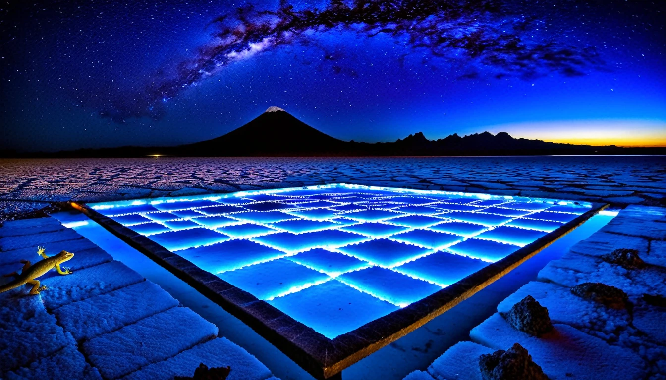 A magical night view of the Uyuni Salt Flats in a secret location,There is a gecko, RAL-3D cubes scattered around,There are lots of baby geckos,Beautiful light blue lake,Lots of baby geckos playing,There is a gecko