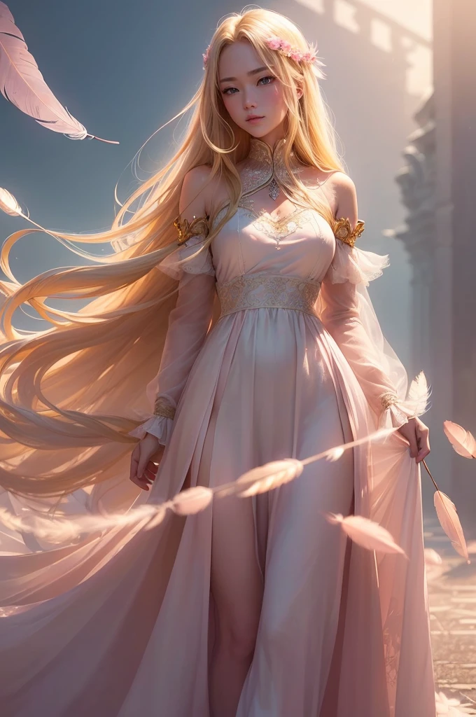 A charming girl emerges from amongst a sea of dreamy feathers.，Complexbeautiful色彩，Creates a fantastic atmosphere，(((Smooth, straight, extra long hair， beautiful，Flowing blonde hair:1.2)))，Luminous body，(((Amber eyes stare into the distance)))，Amazing fantasy costumes，Full length，Delicate silk，Feather embossed all the way down to the hem of the dress，Subtle details，(Princess Decoration，Baby Pink:1.2)，Complex，Detailed，moving composition，Against a deep background，(Feathers in the sky:1.3)，it was foggy，Bokeh，it was foggy，High angle，Soft Focus，Afterimage，Minimalism，A world beyond imagination，Otherworldly brilliance，Movie-like scene，Cinema Lighting，超beautifulポートレート，Abstract background