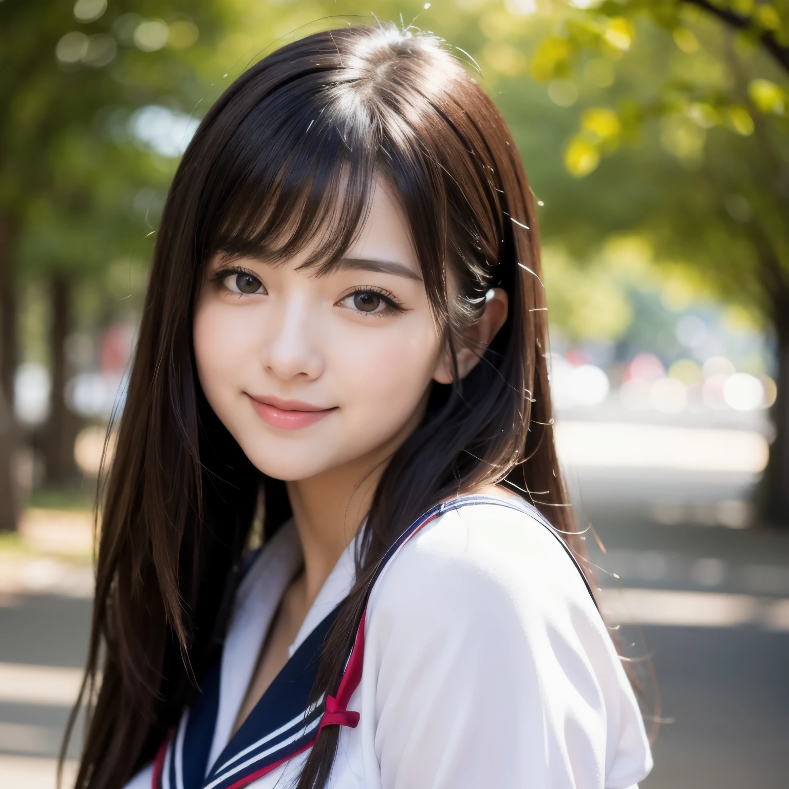 Highly detailed CG Unity 8K wallpapers, Highest quality, Very detailed, masterpiece, Realistic, Realistic, Very detailed日本のかわいい女の子, (１８Year), blush, Round eyes, Semi Body Shot,  High resolution raw color photos, Professional photos, Portrait of sexy girl、Anatomically correct body shape、Healthy body shape、Long black hair、smile、Sailor suit、Show your side、Avoid the same pose、bangs