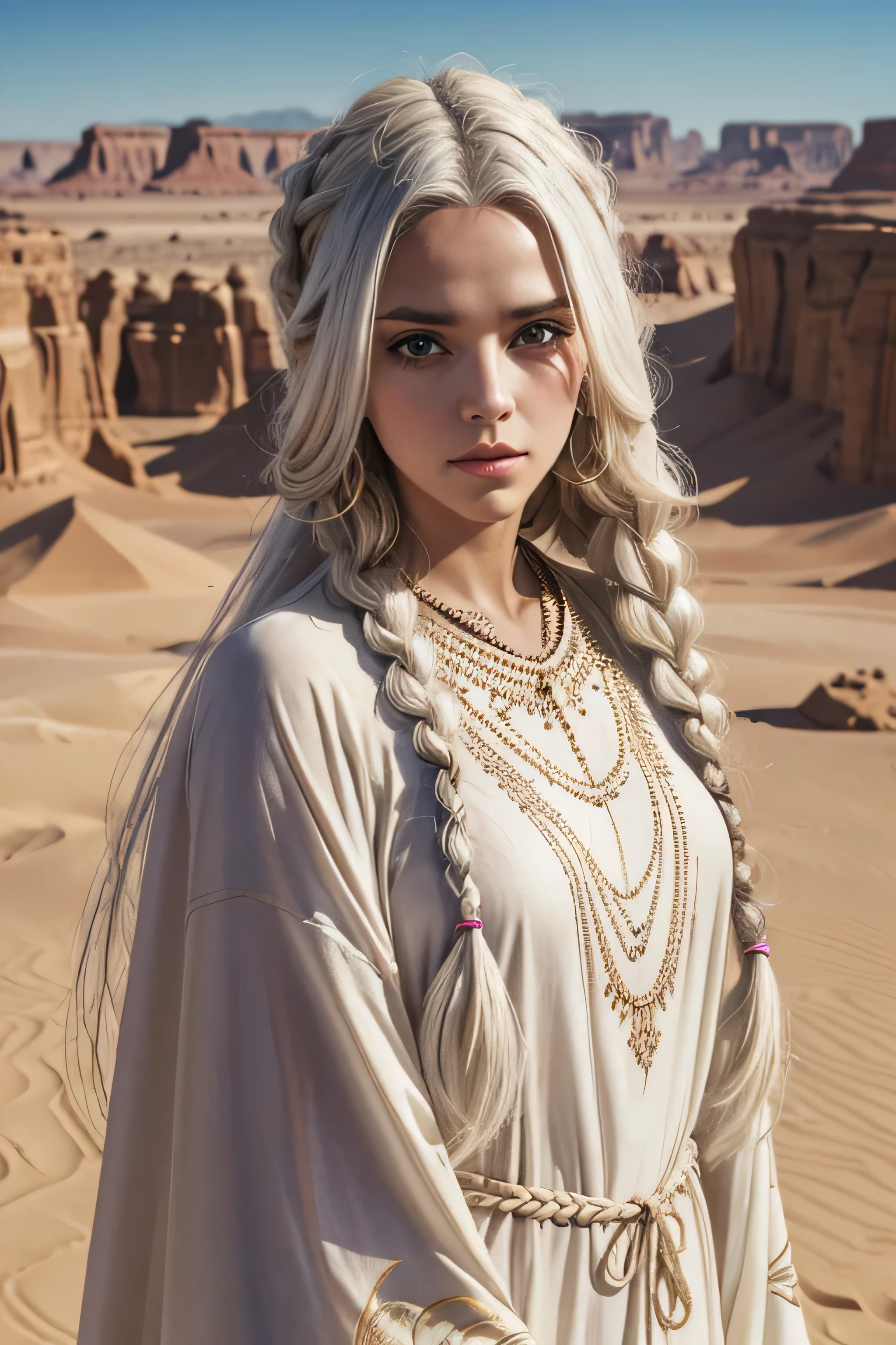 1 female, long white hair, braided hair, wearing a caftan, ugly face, 25 years old, desert background, absurdres, high res, ultrasharp, 8K, masterpiece, the image should be of absurd resolution and high detail. It should be ultra-sharp and available in 8K resolution, representing a masterpiece in image quality.