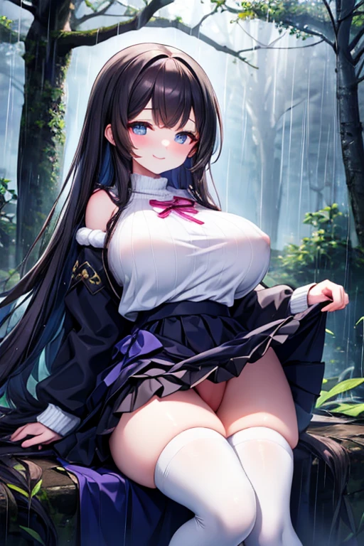 Maximum quality, masterpiece, high qualiy(Uma garota very beautiful, very beautiful) with dark hair, big , looking at me with a silly but delicate and kind smile, wearing a long voluminous sweater with big sleeves next to a fluffy skirt wearing a , wearing big socks, outdoors and amidst the forest and the calm rain.