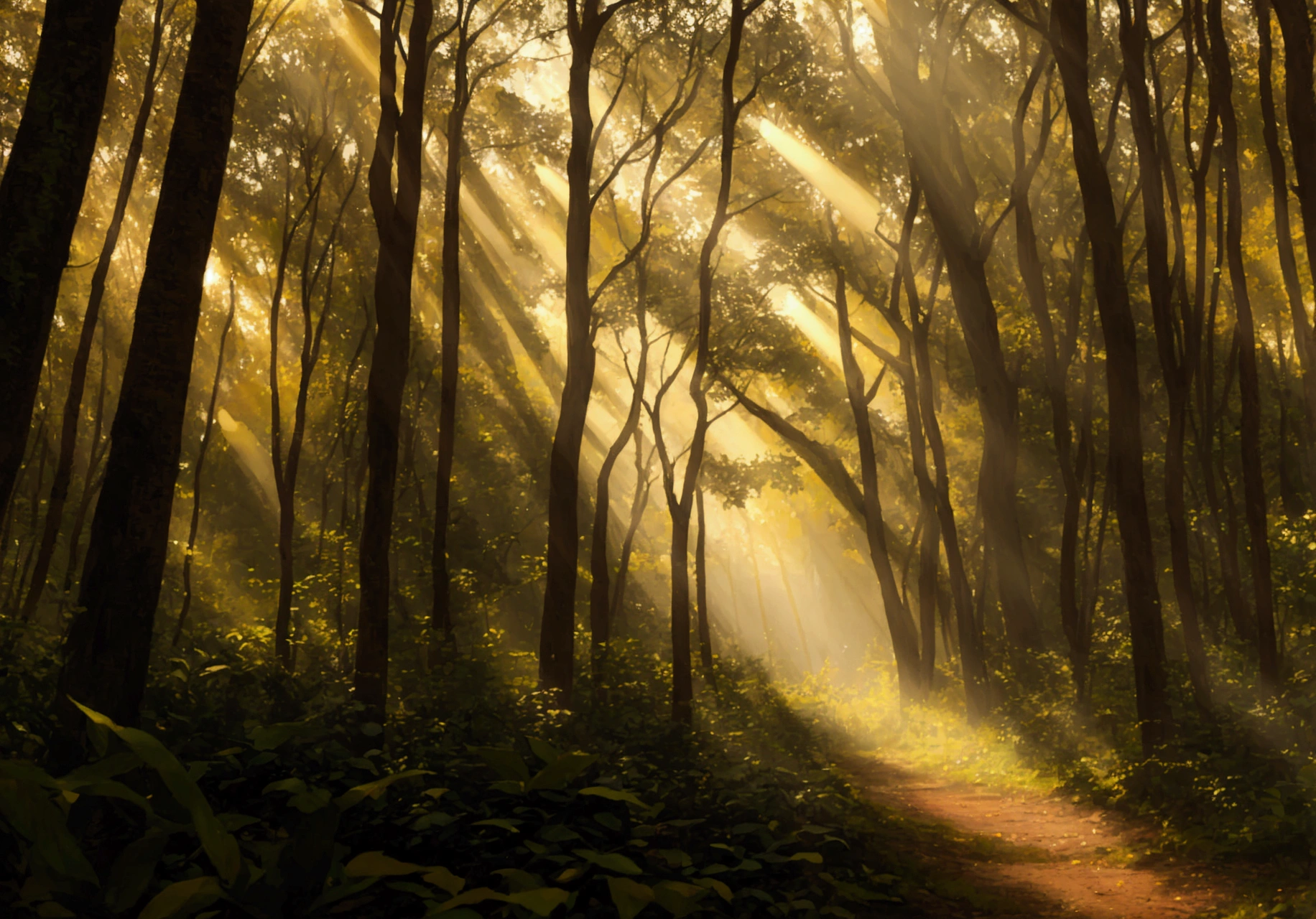 scene inside forest The sunlight filtering through the trees Bright atmosphere