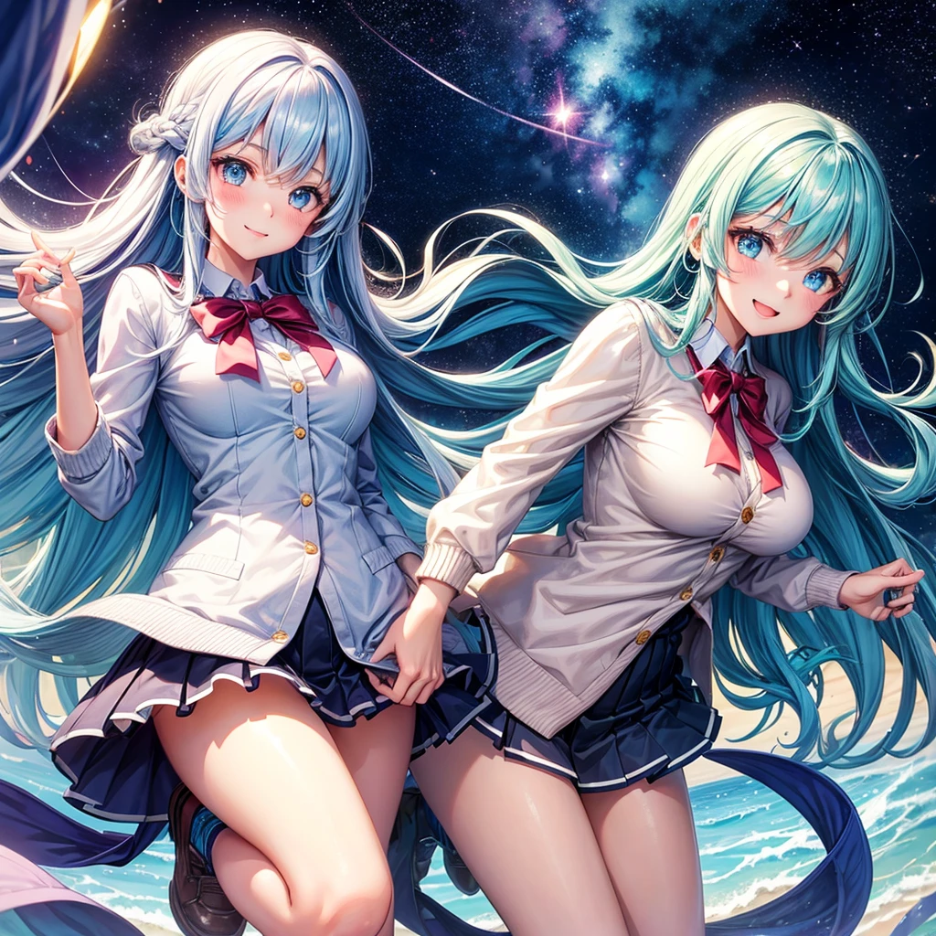 Embark on an anime journey as a captivating girl graces the railway tracks amidst the harmonious meeting of multiple tracks on a tranquil, star-studded night. Trains pass like shooting stars, their colorful lights leaving trails of wonder in their wake. The girl's eyes reflect the universe's secrets, her attire adorned with constellations, and her onyx hair ripples with cosmic energy. Photo taken by Stella Stardust with a Canon EOS R5 and a 24mm L lens. Award Winning Photography style, "Celestial Odyssey," 8K, Ultra-HD, Super-Resolution