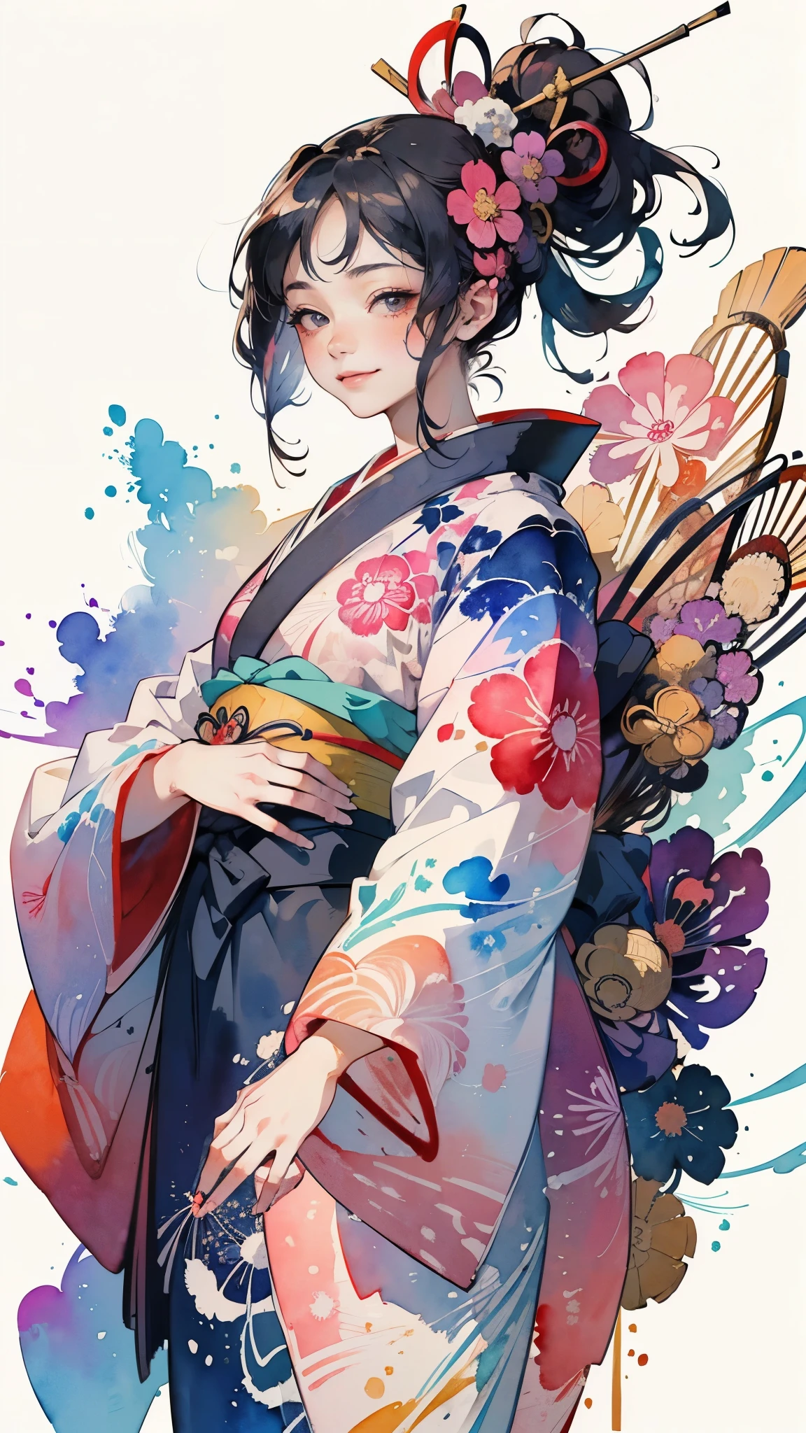 (masterpiece:1.2, Highest quality),(Very detailed),(((watercolor))),8k,wallpaper,1 girl,A woman is standing,Japanese,front,look at me,((smile)),kimono,(Intricate designs and patterns inspired by Katsushika Hokusai),(((hands)))),(((Beautiful female hands))),(((Detailed hands))),(Random Pause),(透明watercolor:1.3)