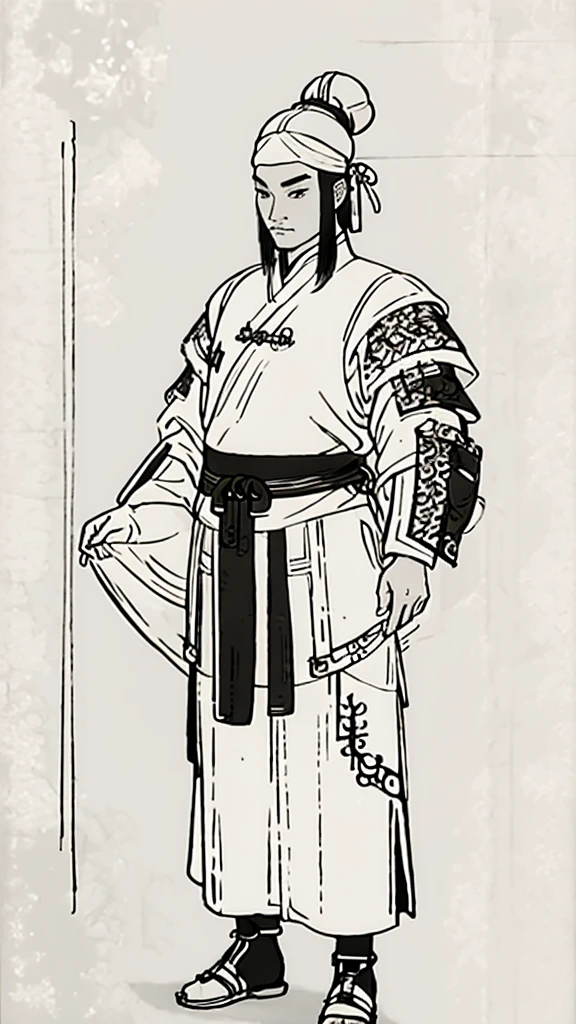 (((Monochrome)))、(((Ink Painting)))、((A handsome man in ancient China with a bun hairstyle and a white swimming cap))、Hands on hips、Line art、Oriental、Ultra-high resolution、Game Poster、Crisp and beautiful image quality、whole body ,(Ancient Chinese armor, Dragon head on shoulder, (Ancient Chinese armor with intricate pattern:1.2), gloves, Long trousers, (Very detailed, bloom:1.5), (Highest quality, Concept Art, 4K), (analog:1.2), (high sharpness), (Detailed pupil:1.1), Detailed face and eyes, masterpiece, Highest quality,8k, (Black Hair, Dynamic Short Hair), (PurerosFace_v1:0.2), [:(Detailed face:1.2):0.2], sharp, Realistic Shadows,  