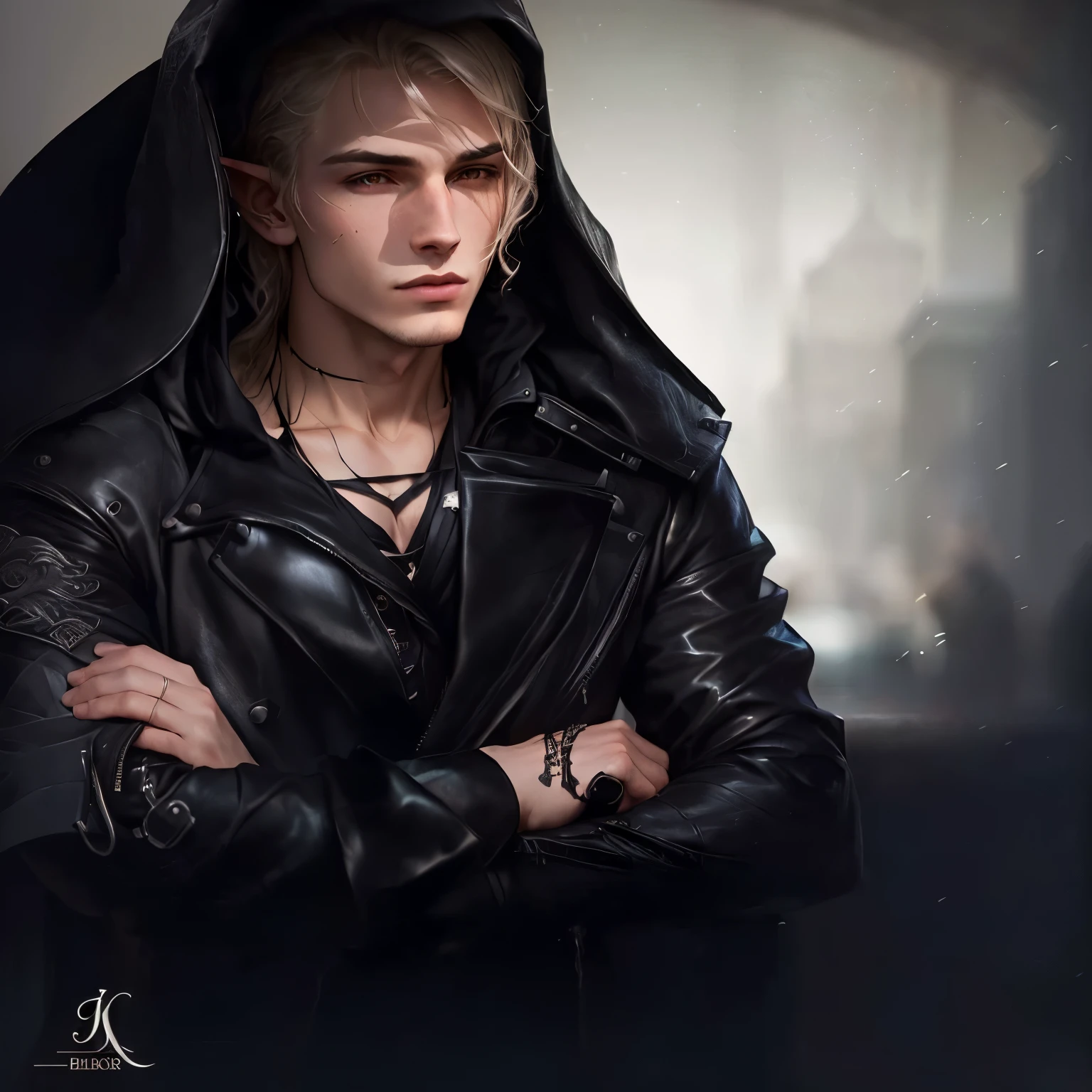 blurred image of a man in a black leather jacket and hood, Edmund Blair e Charlie Bowater, capa de romance de fantasia para jovens adultos, neoartcore e charlie bowater, urban fantasy romance book cover, fantasy male portrait, style of charlie bowater, charlie bowater and artgeem, Frank Dillane as record, Cute male elf