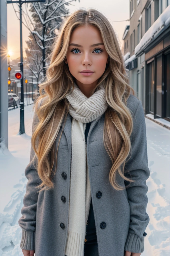 professional portrait photograph of a gorgeous Norwegian girl in winter clothing with long wavy blonde hair, sultry flirty look, gorgeous symmetrical face, cute natural makeup, wearing elegant warm winter fashion clothing, ((standing outside in snowy city street)), stunning modern urban environment, ultra realistic, concept art, elegant, highly detailed, intricate, sharp focus, depth of field, f/1. 8, 85mm, medium shot, mid shot, (((professionally color graded))), bright soft diffused light, (volumetric fog), trending on instagram, hdr 4k, 8k