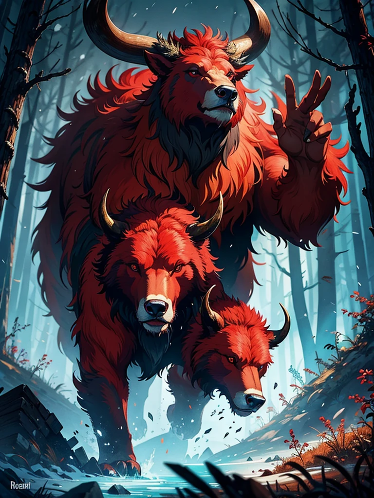 Red Ox and Bear Hybrid Fantasy Creature with Dead Forest Background
