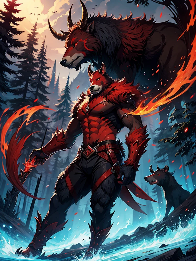 Red Ox and Bear Hybrid Fantasy Creature with Dead Forest Background