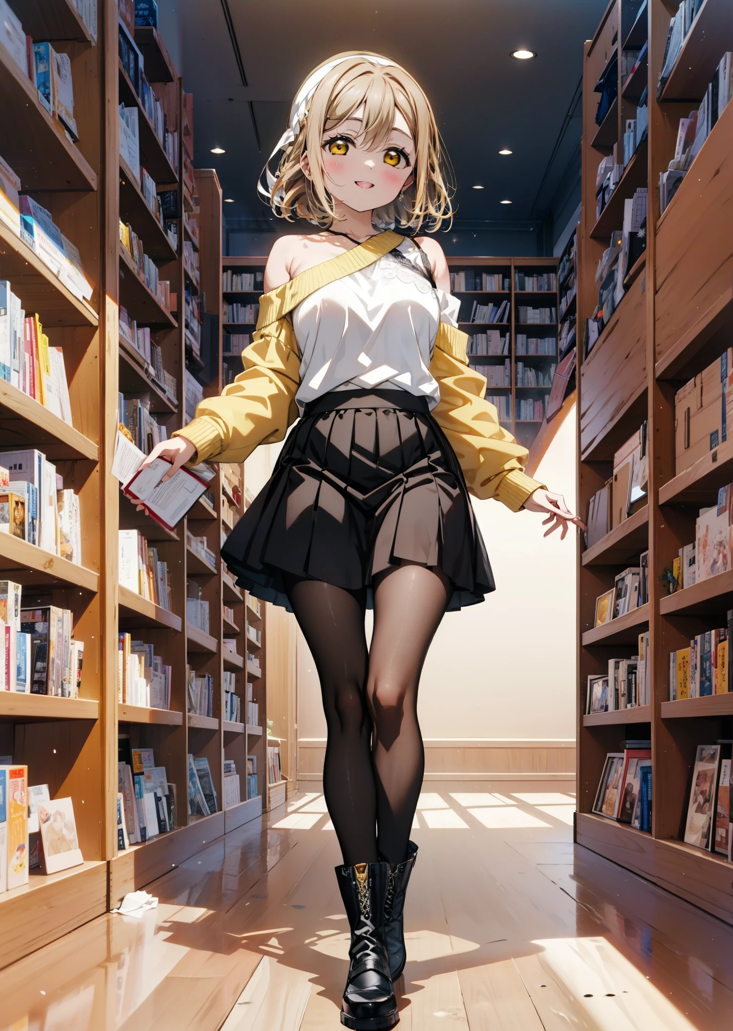  Hanamaru the kunikida, Brown Hair, happy smile,smile, Open your mouth,Yellow Eyes,hair band,Glasses,One-shoulder sweater,Long skirt,Black pantyhose,short boots,Walking,Bookshelf,There is a lot piled up on the table,whole bodyがイラストに入るように,
break indoors, figure書館,
break looking at viewer, whole body,
break (masterpiece:1.2), Highest quality, High resolution, unity 8k wallpaper, (figure:0.8), (Beautiful attention to detail:1.6), Highly detailed face, Perfect lighting, Highly detailed CG, (Perfect hands, Perfect Anatomy),