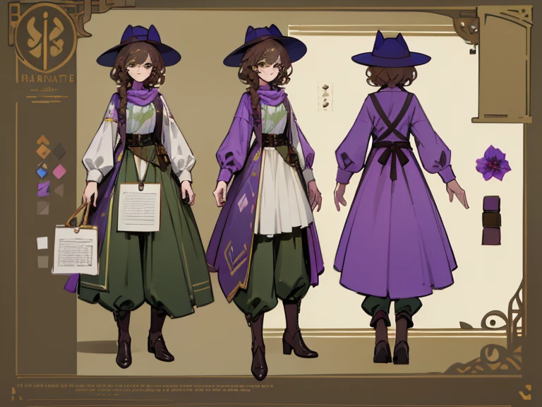 (Masterpiece, best quality), detailed, 1 gardener woman, (character concept art), (character design sheet, reference sheet, same character, front, back), full body, body complete, 1 gardener female, 1 gardener women. Character design sheet full body, Highly detailed, character sheet, character design, Many parts, pale skin, olive green eyes, glasses, rounded square brown lenses, short dark brown curly hair, Some purple strands in her hair, lavender flower, flat chest, garden hat, gardening hat, a lavender flower in the hat, a purple scarf around the neck, pants, Ecofashion, Ecopunk, Ecology, Earthy clothing, gardening clothing, gardening, garden, Solarpunk, Solarpunk reference, Solarpunk inspired, cottagecore aesthetic, cottagecore, pants, gold details, pastel purple, green and brown color palette for the clothes.