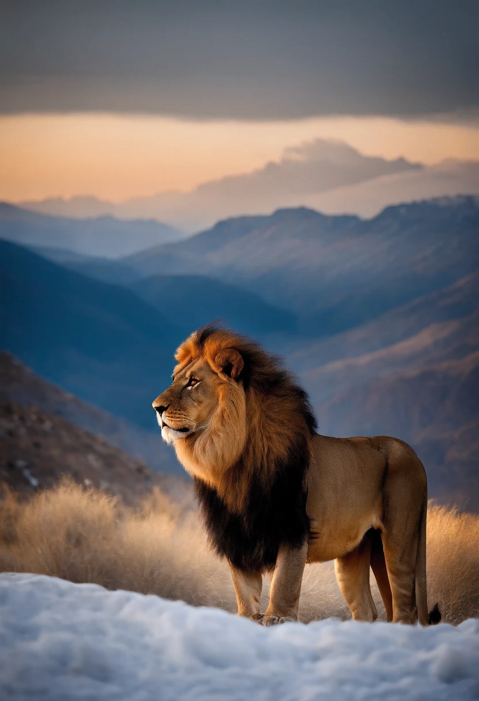 In this scenario,A majestic lion stands on the top of a magnificent mountain。The background is the sun slowly setting,The light shines on the entire landscape,Create warm and spectacular sunset views。The lion's mane flutters gently in the breeze,Its gaze is firm and confident。This image shows the beauty and power of wild animals in their natural ecology,At the same time, the grandeur and magnificence of nature is emphasized。It is an image that makes you marvel and feel the beauty of nature,The stunning view of the lions at sunset moments on the top of the mountain perfectly captures。