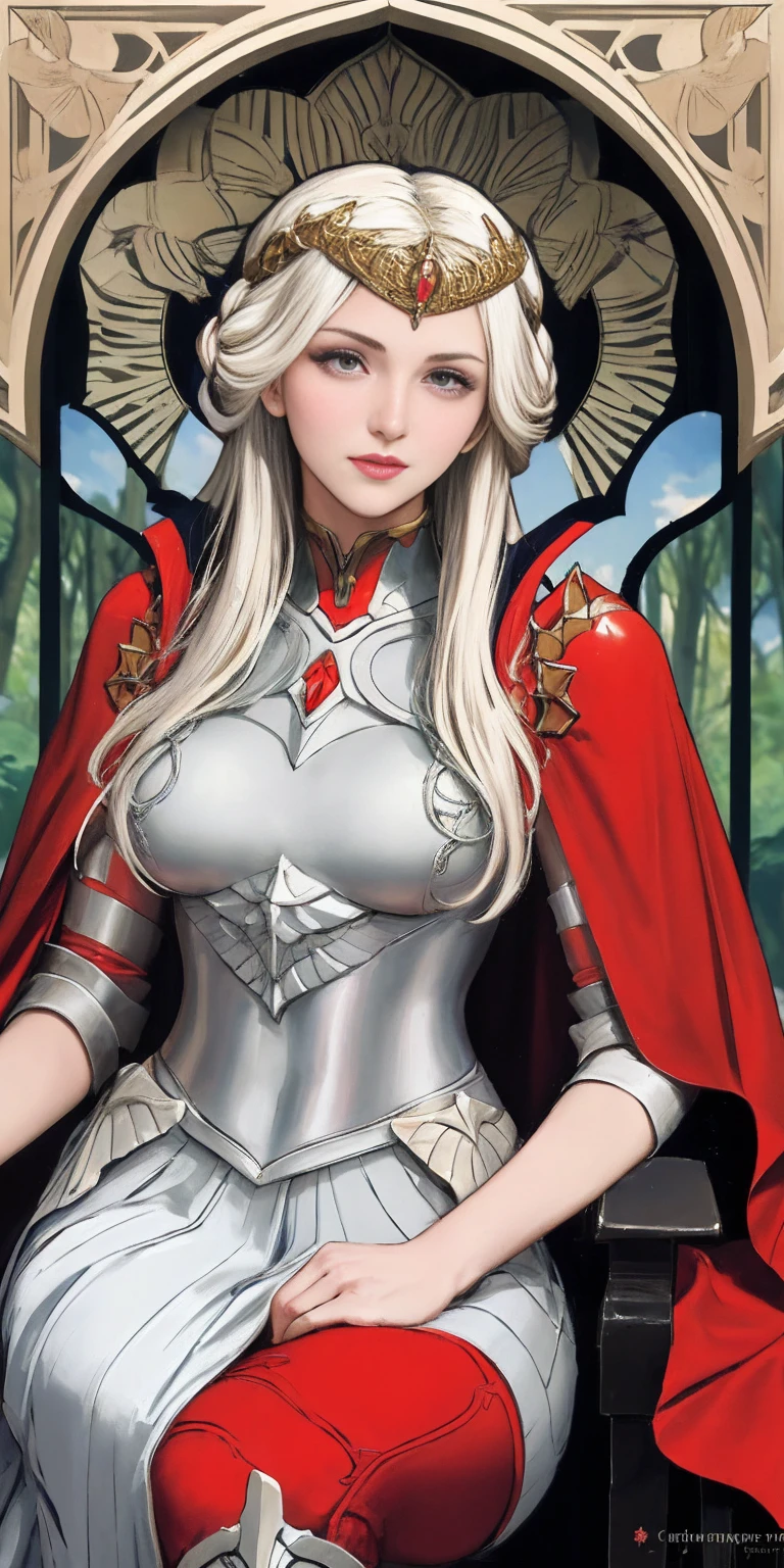 (masterpiece, best quality) 1girl, solo (the empress:1.15) platinum blonde, long hair (red cape) Curtain, armored dress, queen dress, aurora (sunshine, sky, river, forest) expressionless, red eyes, very long hair (art nouveau:1.2) alphonse mucha, tiara (face focus, upper body) sit (red throne:1.12) tiara, crossing legs, highly intricate details, realistic light, smile