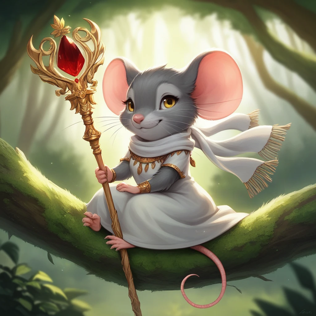 1girl, female, animal ears, yellow eyes, mouse ears, :3, mouse tail, barefoot, scarf, dress, short sleeves, sitting, looking at viewer, outdoors, leaf, whiskers, forest, staff, solo, holding, fluffy, tree, tail, nature, blurry, blurry background, furry, furry female, holding staff, smile, white scarf, jewelry, day, closed mouth, body fur, feral, mouse, grey fur, pink ears, sitting on a tree branch in a forest, holding a staff, dressed in a white dress with tassels, score_9, score_8_up, score_7_up, masterpiece, best quality, very aesthetic, absurdres