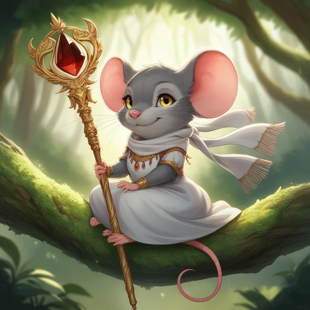 1girl, female, animal ears, yellow eyes, mouse ears, :3, mouse tail, barefoot, scarf, dress, short sleeves, sitting, looking at viewer, outdoors, leaf, whiskers, forest, staff, solo, holding, fluffy, tree, tail, nature, blurry, blurry background, furry, furry female, holding staff, smile, white scarf, jewelry, day, closed mouth, body fur, feral, mouse, grey fur, pink ears, sitting on a tree branch in a forest, holding a staff, dressed in a white dress with tassels, score_9, score_8_up, score_7_up, masterpiece, best quality, very aesthetic, absurdres
