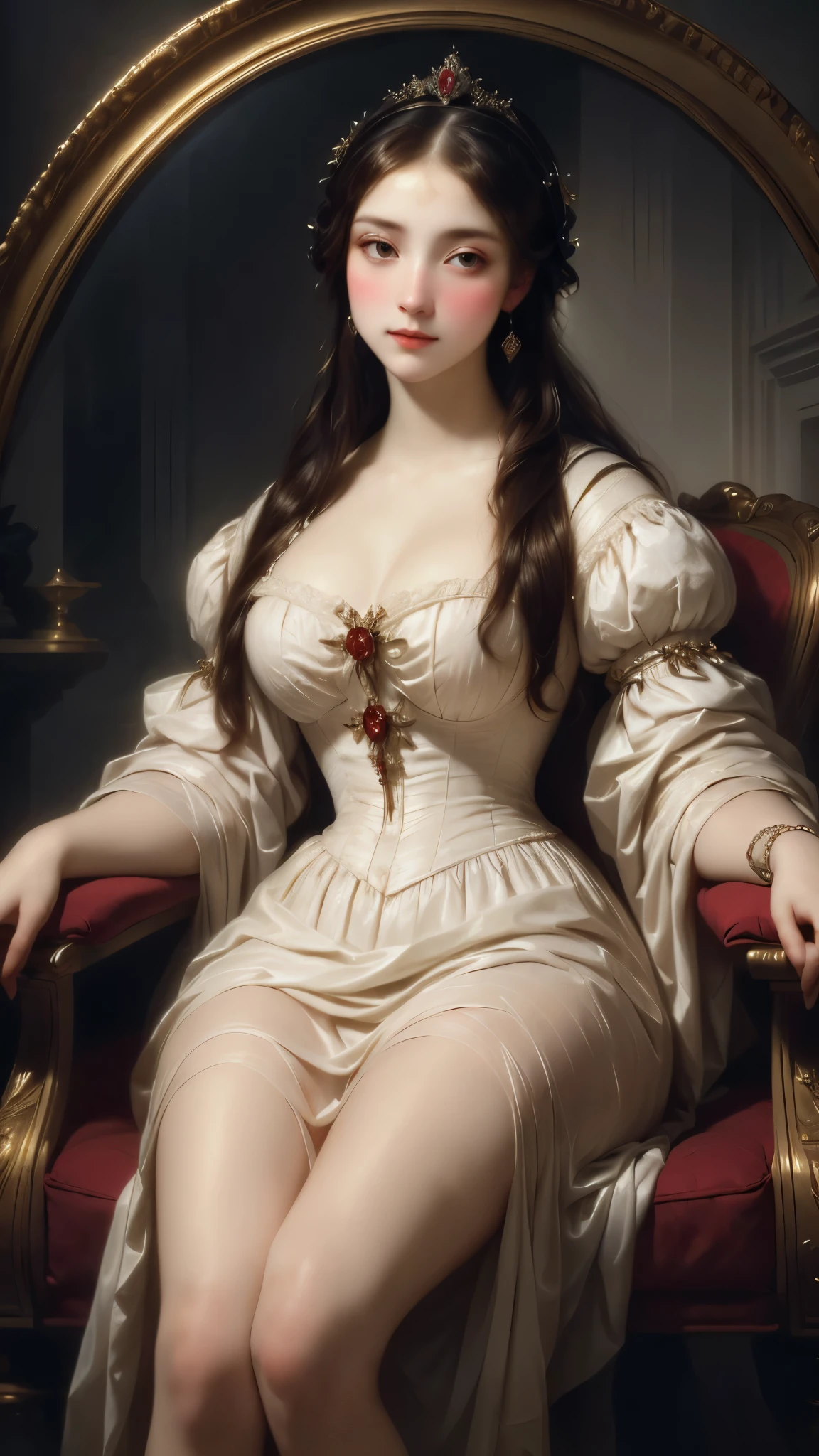 arafed woman in a white dress sitting in a chair, elegant lady with alabaster skin, realistic renaissance portrait, pale skin de porcelana, pale porcelain white skin, in high renaissance style, portrait of princess, renaissance digital painting, inspired by Francesco Hayez, renaissance portrait, rococo queen, baroque digital painting, inspired by Franz Xaver Winterhalter,  muka, Woman dressed in white, with neckline grid, large and full breasts, muka da , Tudor&#39;s style, image from 1650, pale skin, greeneyes, noble maiden. ([long hair hair]:1.8), (full body:1.8), (upper body up:0.3), (hyper realistic:1.4), (realistic:1.3), (best quality real texture skin), Detailed eyes, detailed face, PERSEPHONE, Body, (Beautiful Detailed Eyes), (Super Detail), (Desktop Wallpaper), (Detailed Face), Ray Glow, Optical, Panoramic Illumination, Atmospheric Perspective, dawn, Anti-Aliasing: 5D, Light Painting, Farbe, Beautiful Face, Perfect Body Beauty: 1.4, Clear Facial Features, Symmetrical Transparent Wings, Stunning Details, (SFW)
