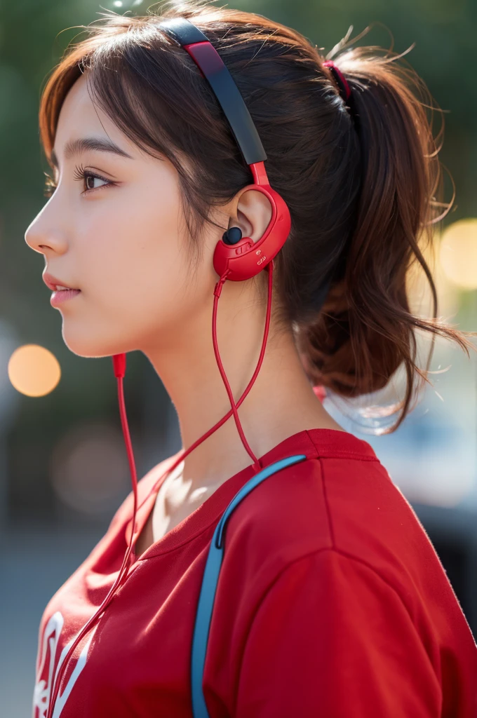 Profile of a girl wearing red headphones
