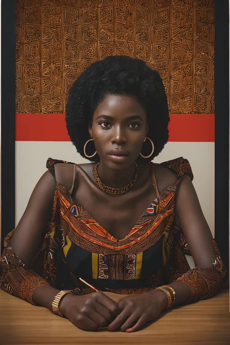 An illustration of {beautifull african woman sit in african family home environnement with , the girl was dress with african fabric print clothing } a polaroid with the same face on the screen, in the style of Contemporary Illustration and dramatic lighting with split toning and a dark color palette create a retrofuturistic moodboard. The 2D, flat desig