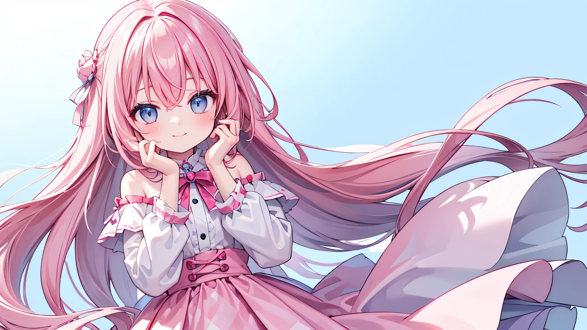 Highest quality,smile,woman,cute,Long Hair,Pink Hair,Light blue eyes,White off-the-shoulder tops,Checkered mini skirt,Light blue background,Touching your face with your hands,