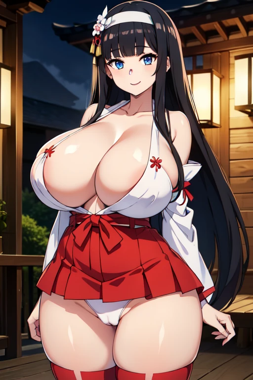 good quality, best quality, highres, absurdres, 8k, 4K, masterpiece, Girl in Japanese shrine maiden outfit, (Hime cut), (super long black hair),(((straight bangs, blunt bangs))),(White headband), blue eyes, super long black hair, hair ornament, ribbon, smile, Showing her breasts, (Huge breasts:1.6), Cleavage, White kimono, Shoulder-exposing sleeves, open-chested costume, Short skirt, Red Skirt, (upskirt), cameltoe, 