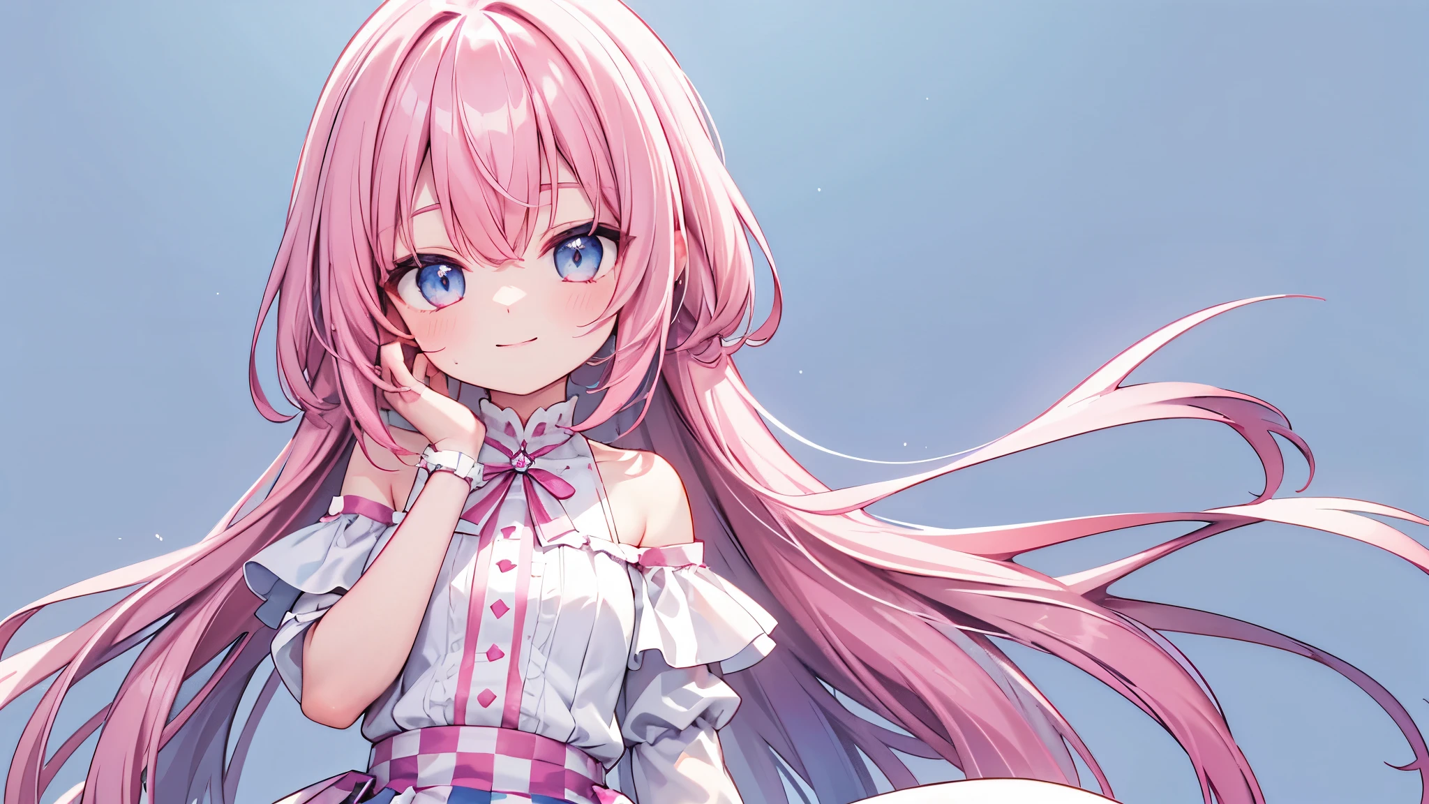 Highest quality,smile,woman,cute,Long Hair,Pink Hair,Light blue eyes,White off-the-shoulder tops,Checkered mini skirt,Light blue background,Touching your face with your hands,