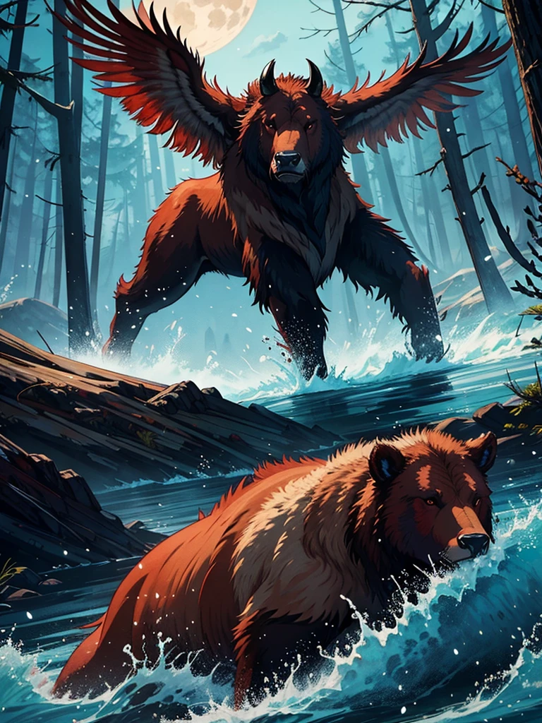 Red Water Buffalo and Grizzly Bear Hybrid Fantasy Creature with Dead Forest Background