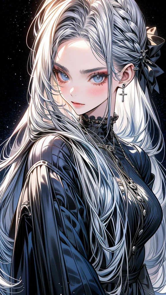 One Beautiful girl、unique long hairstyle 、 silver hair color , blue eyes、small face、anime makeup、"A girl with a cute and androgynous face"、white skin、cute eyes、Very thin eyebrows、plump body, mature woman, big breasts, sexy, tall, knights outfit , outfits 、、19 years old、British girl、Has a languid look、anger、Lower the corners of your mouth with no expression on your face、Photographed from the side diagonally、model photoshoot、masterpiece、highest quality、high resolution、luxurious 、glaring expression、korean makeup 、Cool photos、blurred black filter, arms tattoos、Various poses、