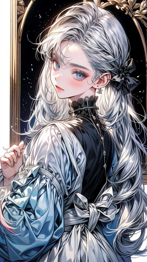One Beautiful girl、unique long hairstyle 、 silver hair color , blue eyes、small face、anime makeup、"A girl with a cute and androgynous face"、white skin、cute eyes、Very thin eyebrows、plump body, mature woman, big breasts, sexy, tall, knights outfit , outfits 、、19 years old、British girl、Has a languid look、anger、Lower the corners of your mouth with no expression on your face、Photographed from the side diagonally、model photoshoot、masterpiece、highest quality、high resolution、luxurious 、glaring expression、korean makeup 、Cool photos、blurred black filter, arms tattoos、Various poses、