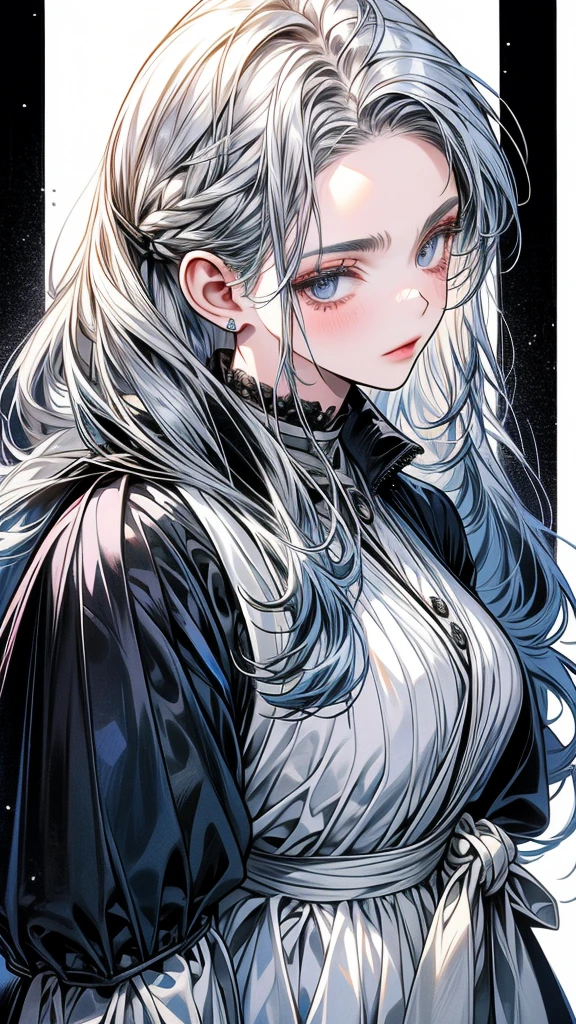 One Beautiful girl、unique long hairstyle 、 silver hair color , blue eyes、small face、anime makeup、"A girl with a cute and androgynous face"、white skin、cute eyes、Very thin eyebrows、plump body, mature woman, big breasts, sexy, tall,  knights outfit , outfits 、、19 years old、British girl、Has a languid look、anger、Lower the corners of your mouth with no expression on your face、Photographed from the side diagonally、model photoshoot、masterpiece、highest quality、high resolution、luxurious 、glaring expression、korean makeup 、Cool photos、blurred black filter, arms tattoos、Various poses、