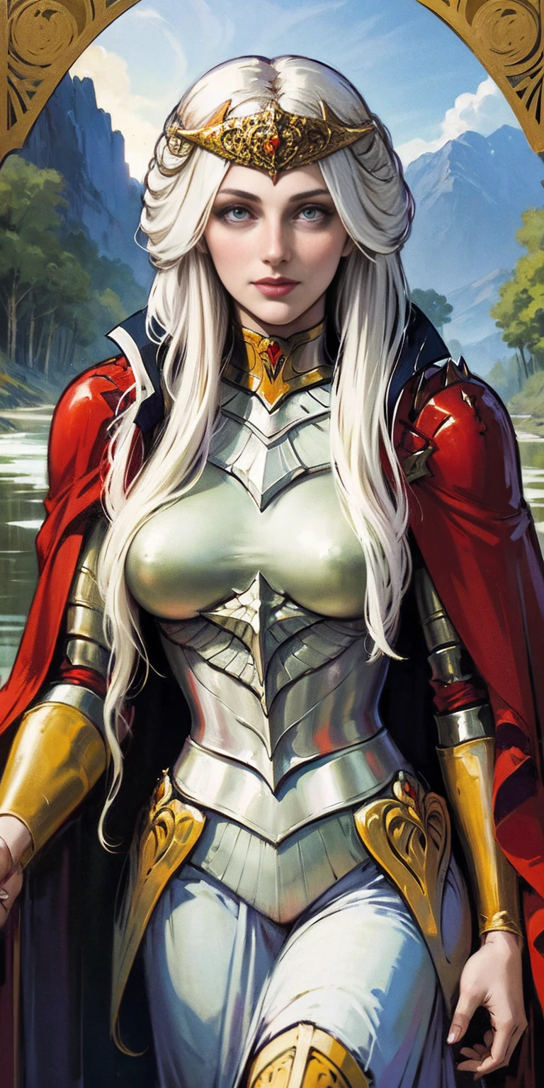 (masterpiece, best quality) 1girl, solo (the empress:1.15) platinum blonde, long hair (red cape) Curtain, armored dress, queen dress, aurora (sunshine, sky, river, forest) expressionless, red eyes, very long hair (art nouveau:1.2) alphonse mucha, tiara (face focus, upper body) sit (red throne:1.12) tiara, crossing legs, highly intricate details, realistic light, smile