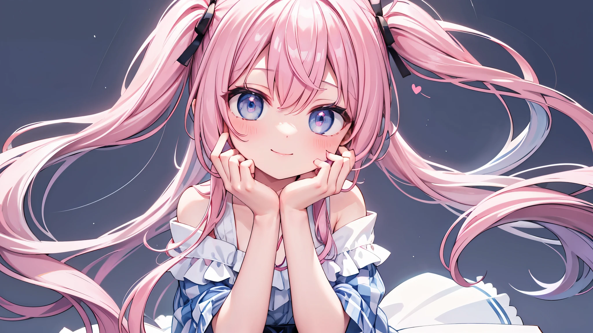 Highest quality,smile,woman,cute,Long Hair,Pink Hair,Light blue eyes,White off-the-shoulder tops,Checkered mini skirt,Light blue background,Touching your face with your hands,