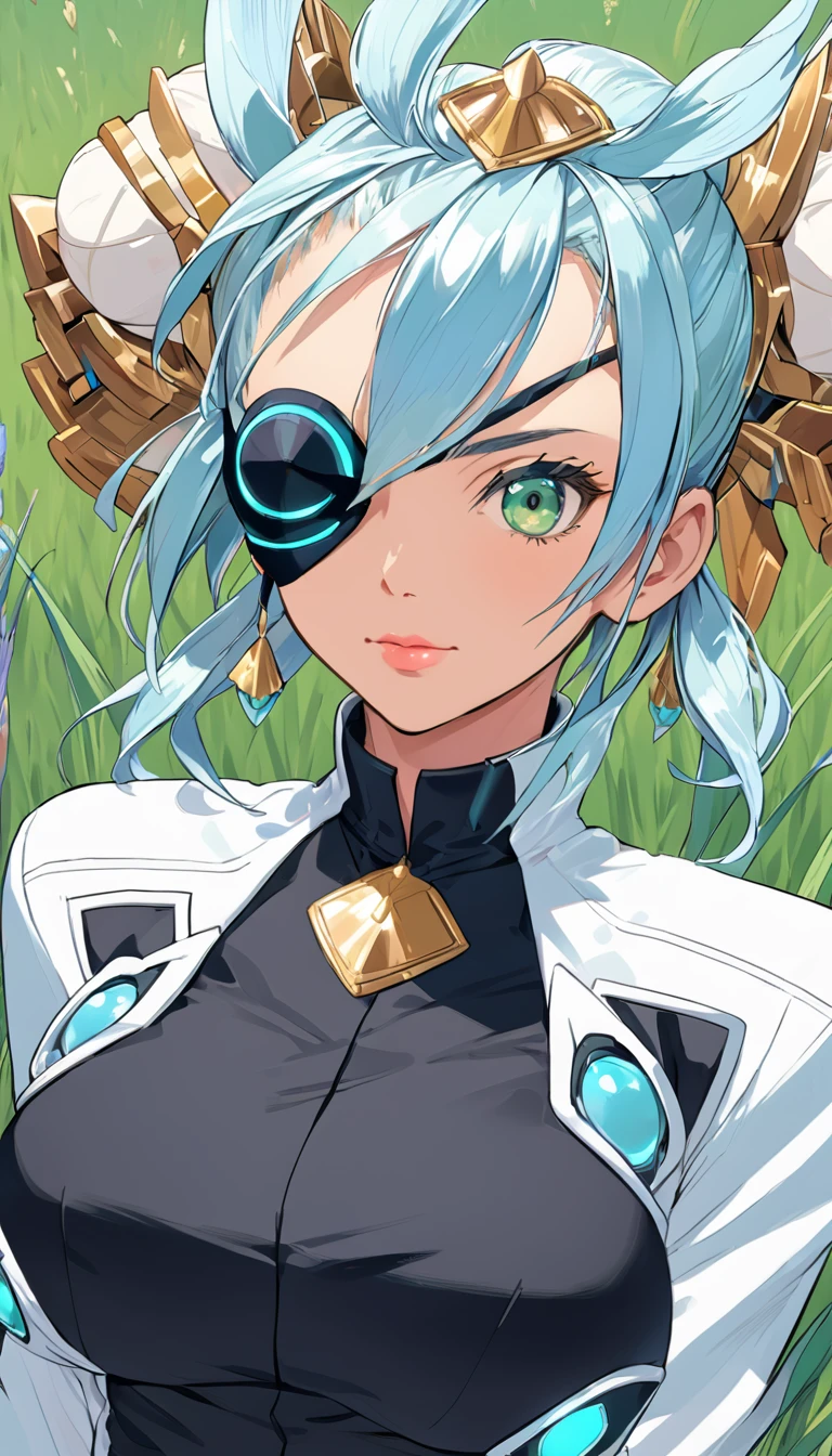 Mikumari \(Xenoblade\)masterpiece, Highest quality, ((1 person)),Blue Hair,Green Eyes,Serious expression, smile,Upper Body,Line art,Medium Hair,White blazer,Black T-shirt,Big Breasts,Bunhead,Two dumplings,Black Mask,No horns, Expressionless blue eyes,((Kubo Obito Style)) Detailed face, Face Focus, Are standing, Black Hair,(hair ornaments:1.35),office lady, Sleeves edged with ribbon, Removable sleeves, Ribbon trim, Wide sleeves, (View your audience:1.5) , iris, bangs, lips,smile,grassland