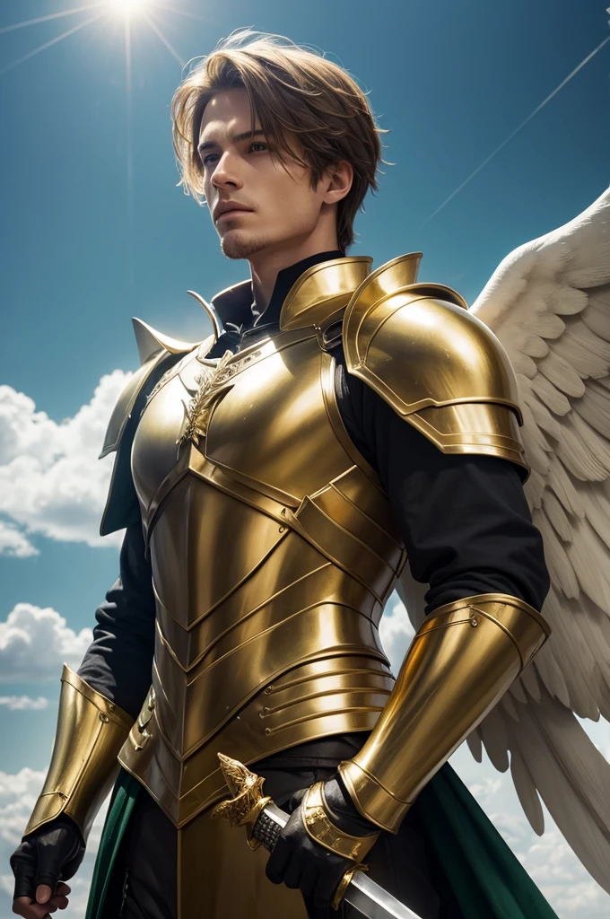 Angel Michael on top of a mountain with.sky lights reflecting on him face realistic human cinematic green clothing golden armor, sword in hand,