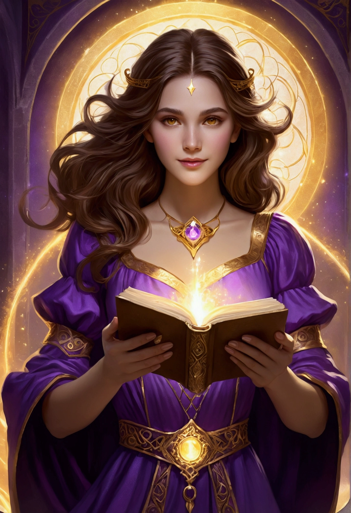 create a sorceress with a cheerful white countenance with brown hair and brown eyes and a violet and gold dress holding a magical book and a golden aura around her 