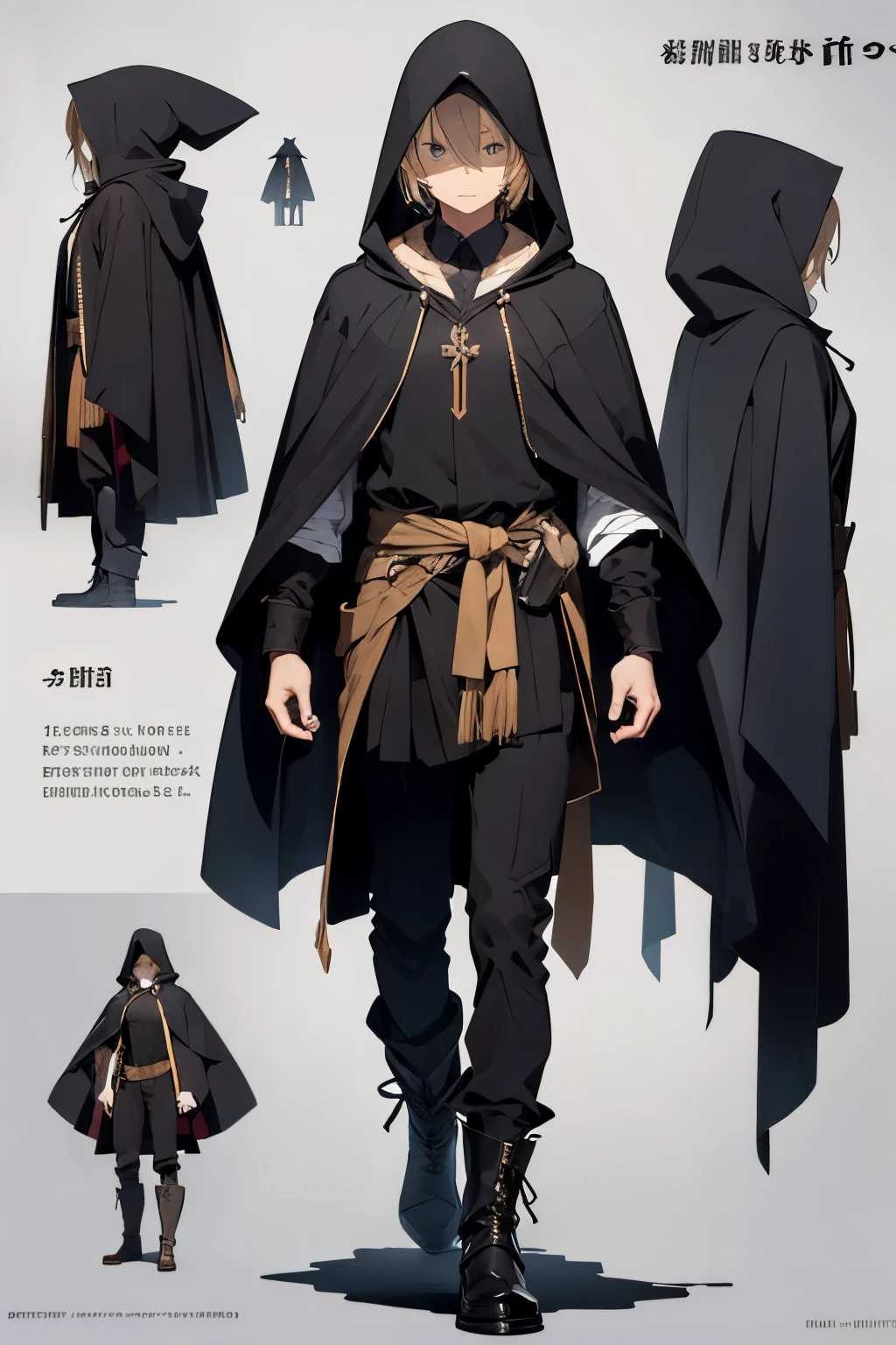 Character design, standing picture, male, standing man, other world, wizard, long hooded cloak, long leather boots,