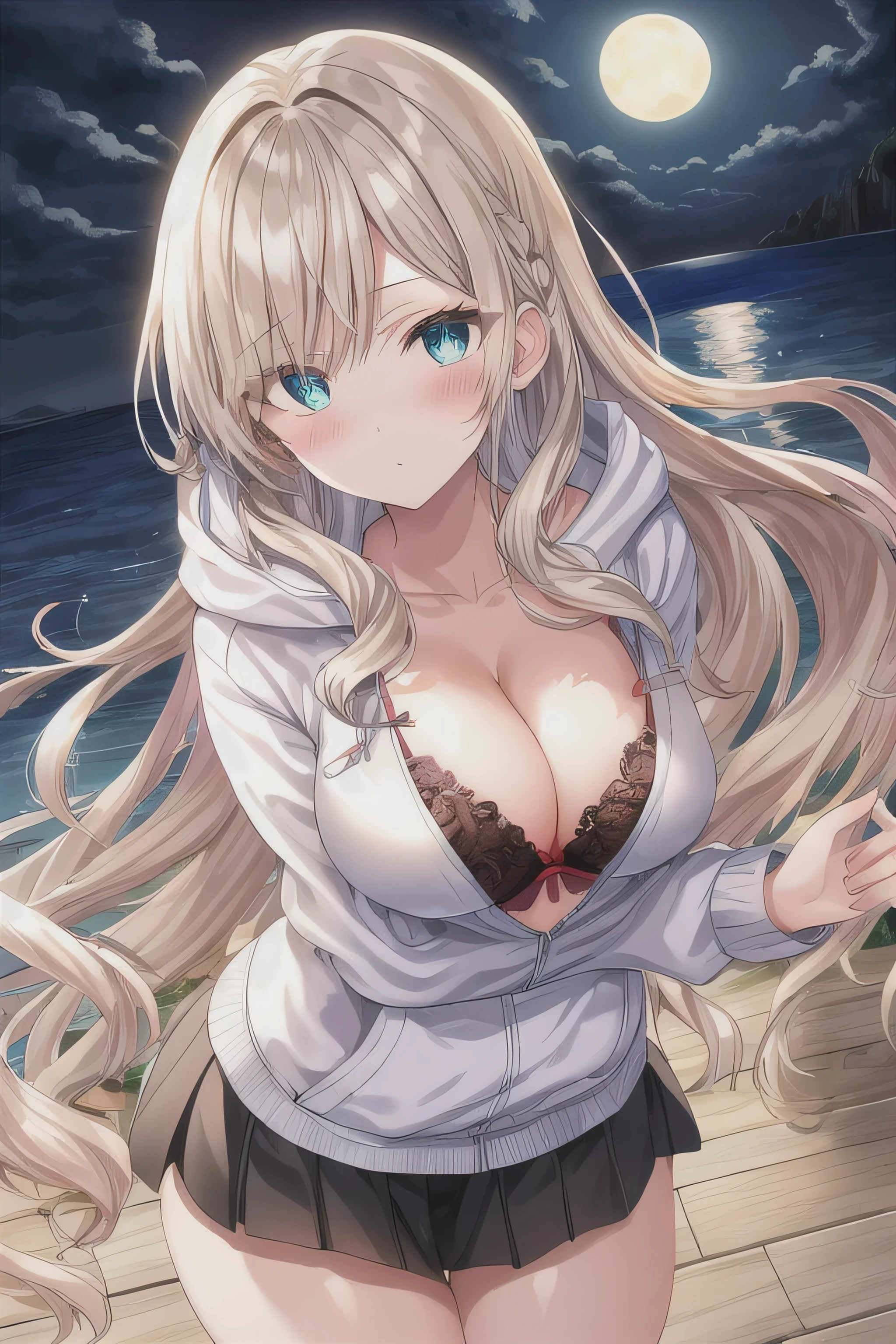 solo, (night time), (moonlight), (night view), (anime seaside setting), sea view, (Anime illustration), ((detailed shadows)), (detailed lighting), large eyes, detailed eyes, long eyelashes, (dramatic chiaroscuro), ((Masterpiece)), ((perfect detailed hands)), ((intricate detail)), (flowing hair), (white hair), long hair, curly hair, bang, (detailed hair)), (((smooth skin))), HD wallpaper, UHD image, (expressive eyes:1.2), (medium breast), thicc, blushing, (white hoodie:1.2), cleavage, (black laced bra:0.8), (black skirt), standing