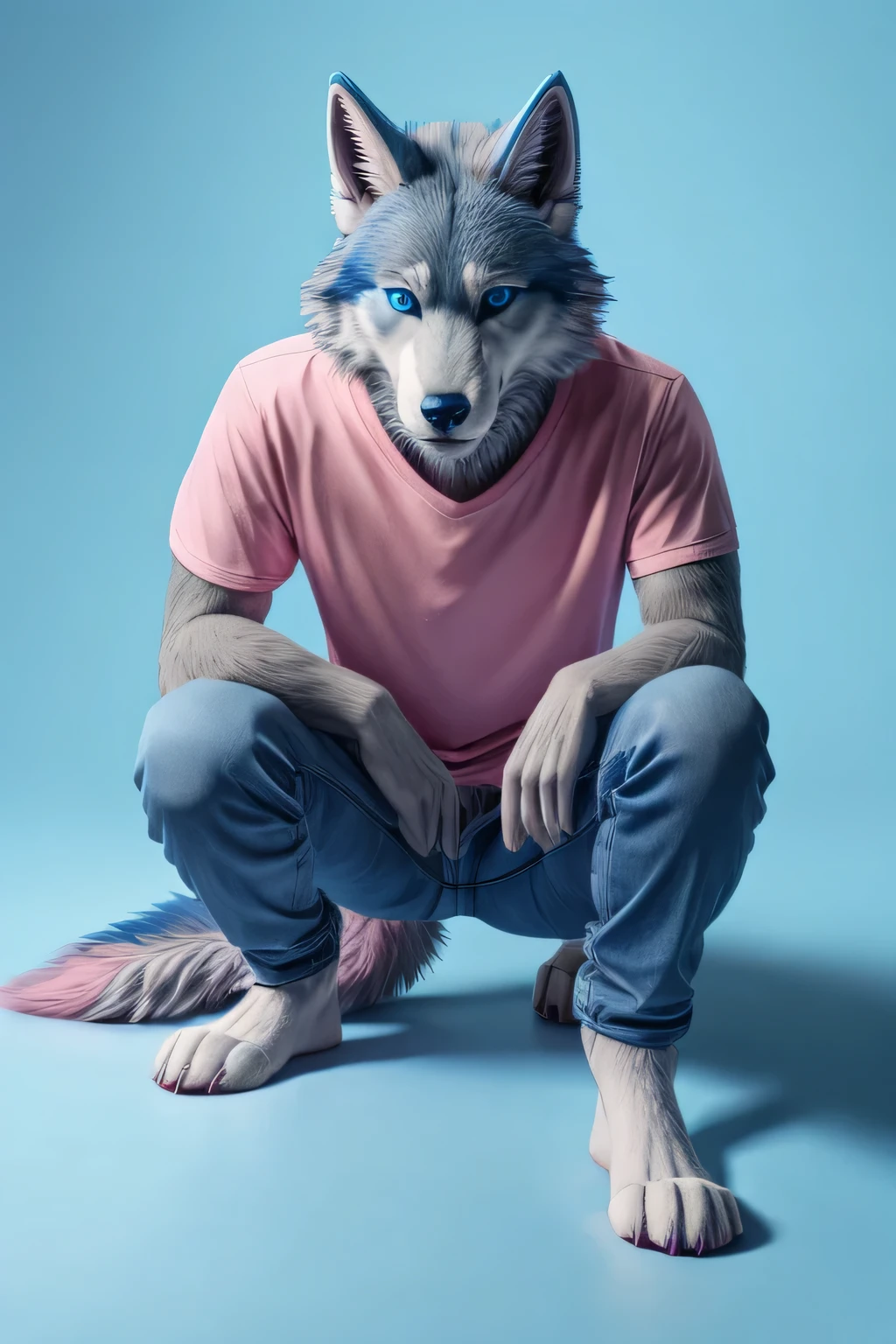 full body male blue wolf furry blue eyes blue background fluffy tail lying on the floor with open squatting legs light pink slim jeans and pink shirts