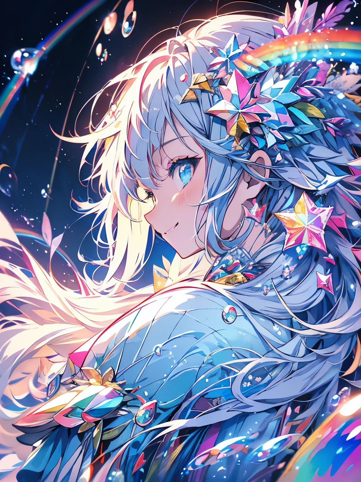 highest quality、masterpiece、anime girl、Rainbow hair、smile、Landscape、profile、lots of bubbles、Soap bubble、night、Stars shine、(((low angle)))